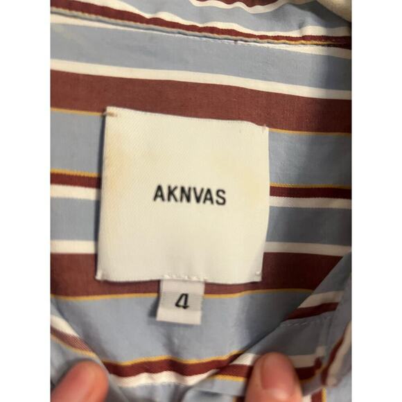 AKNVAS Blue White Striped Long Sleeve Button Down Pocket Pleated Top Sz 4 - Picture 3 of 6